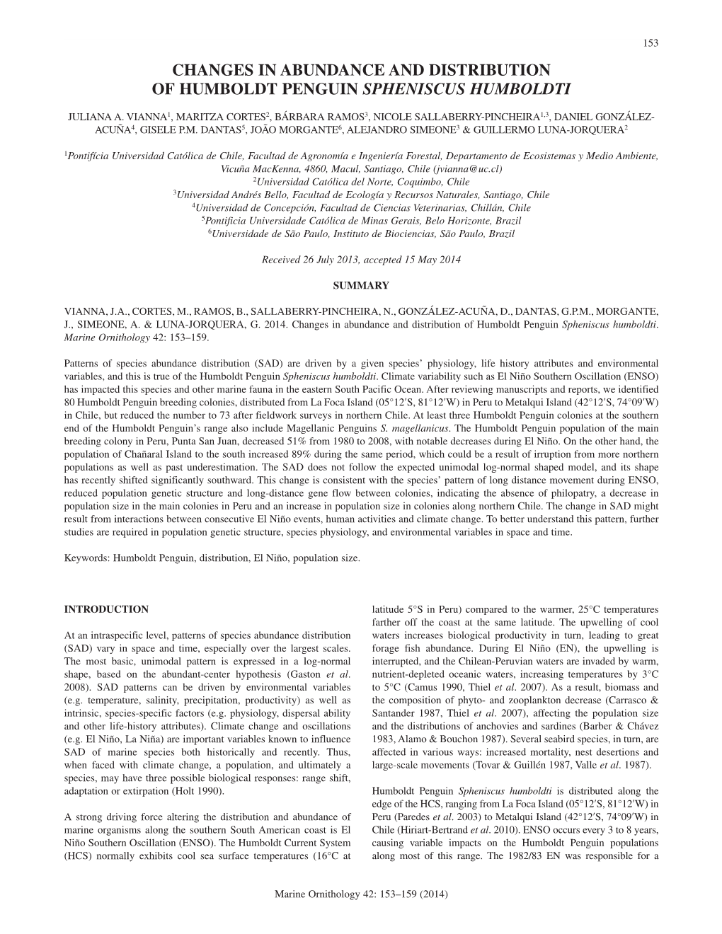 Changes in Abundance and Distribution of Humboldt Penguin Spheniscus Humboldti