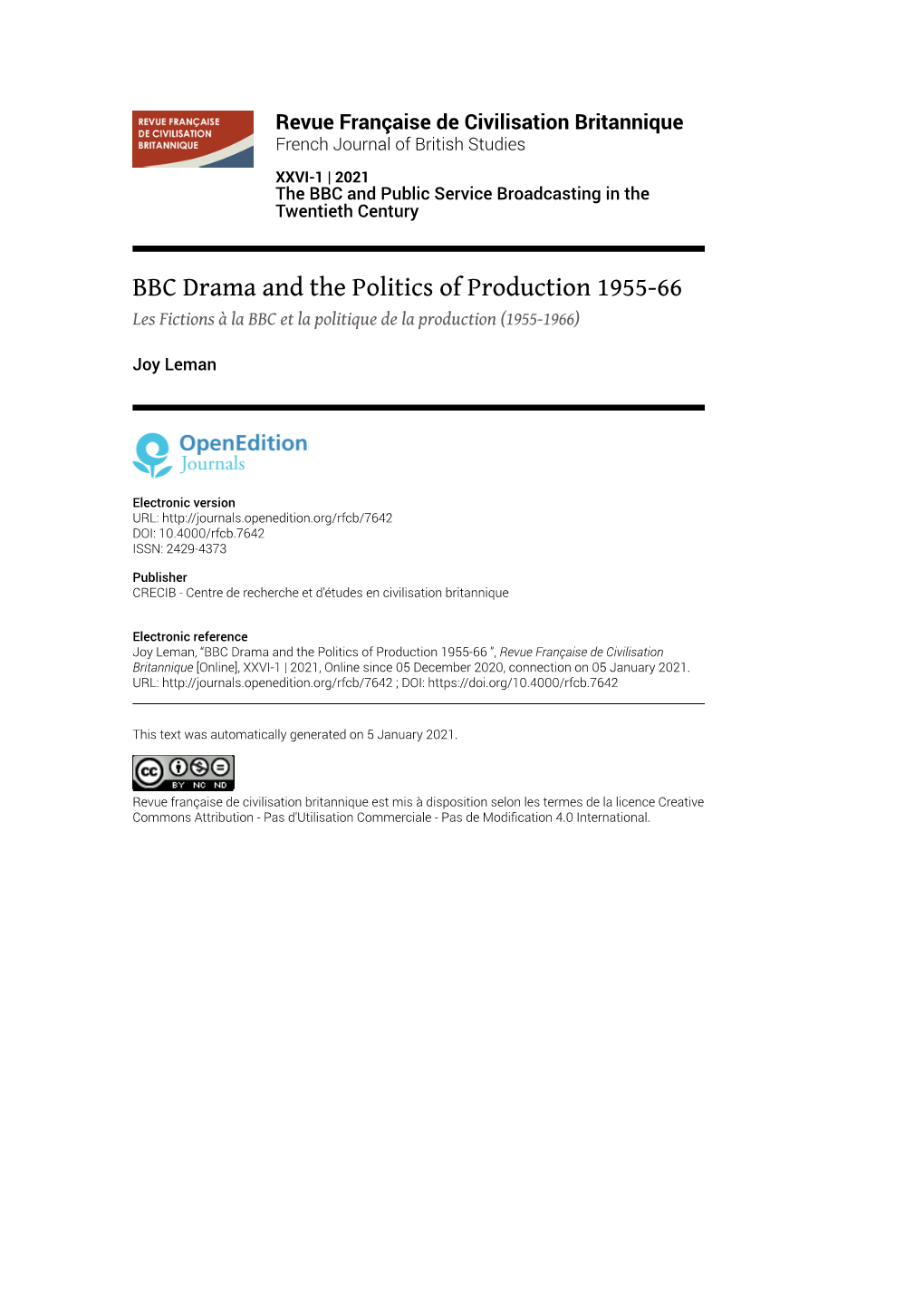 Revue Française De Civilisation Britannique, XXVI-1 | 2021 BBC Drama and the Politics of Production 1955-66 2