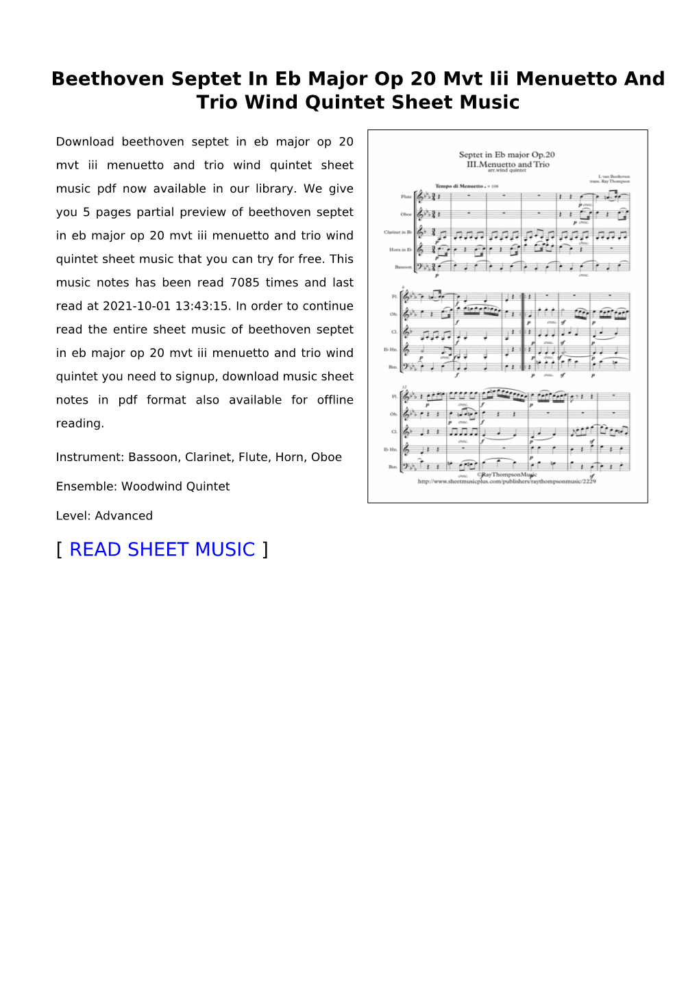 Beethoven Septet in Eb Major Op 20 Mvt Iii Menuetto and Trio Wind Quintet Sheet Music