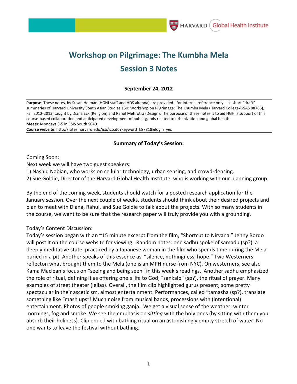 Workshop on Pilgrimage: the Kumbha Mela Session 3 Notes