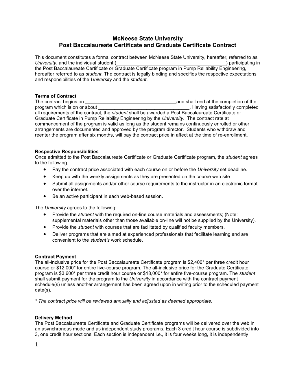 MSU: Post Baccalaureate Certificate and Graduate Certificate Contract