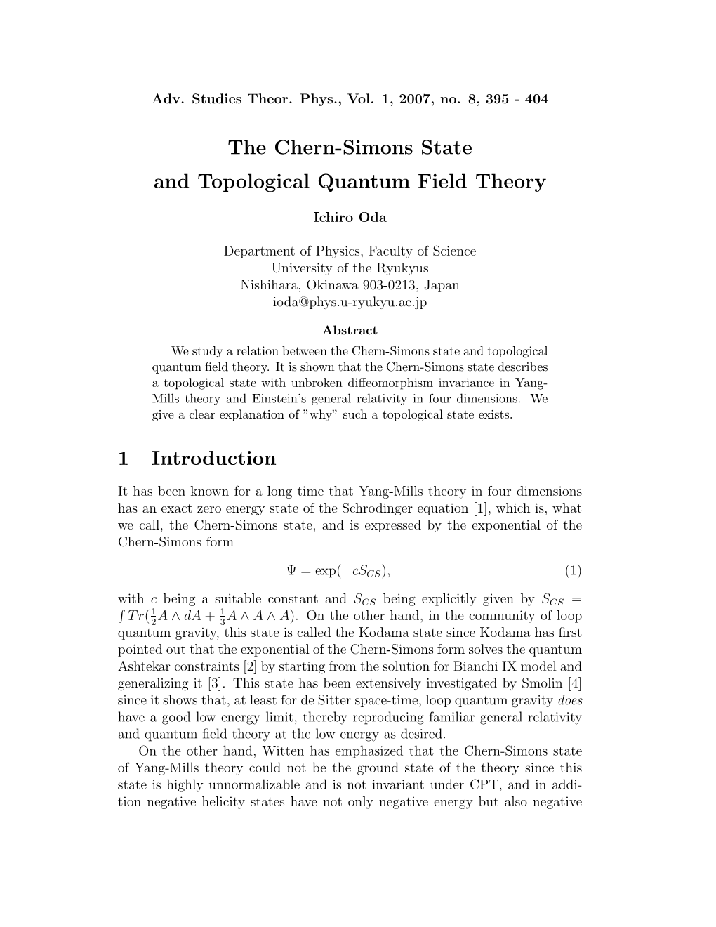 The Chern-Simons State and Topological Quantum Field Theory