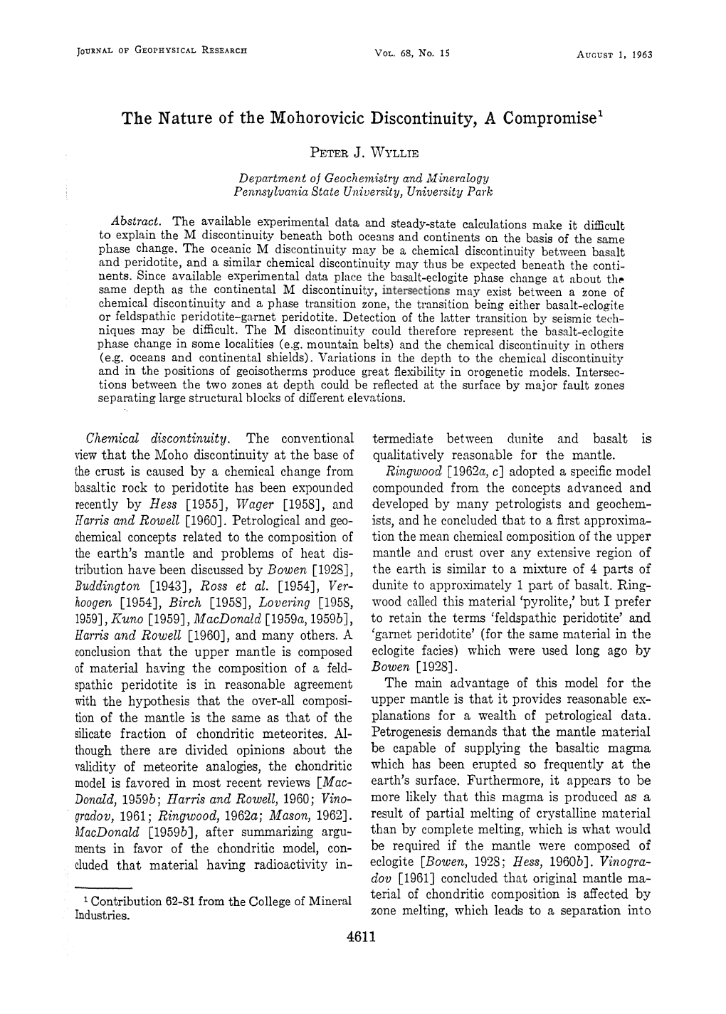 The Nature of the Mohorovicic Discontinuity, a Compromise 1