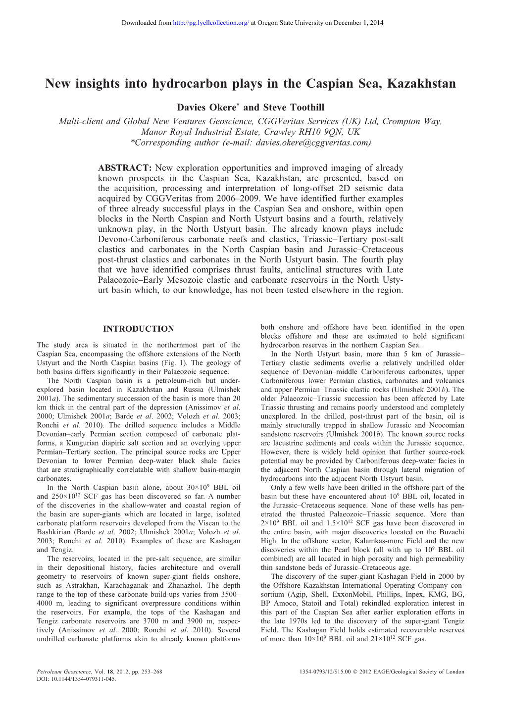 New Insights Into Hydrocarbon Plays in the Caspian Sea, Kazakhstan