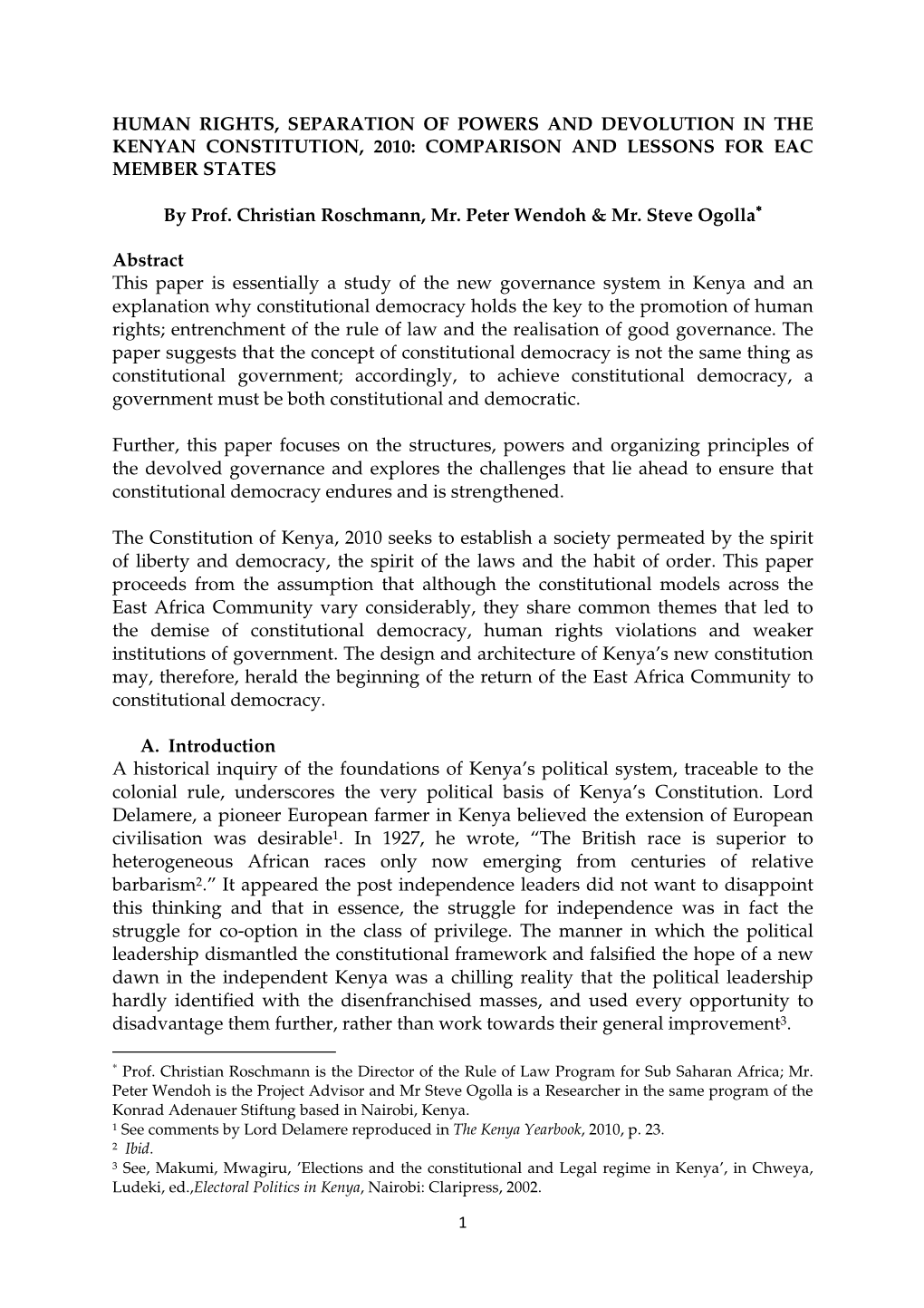 Human Rights, Separation of Powers and Devolution in the Kenyan Constitution, 2010: Comparison and Lessons for Eac Member States