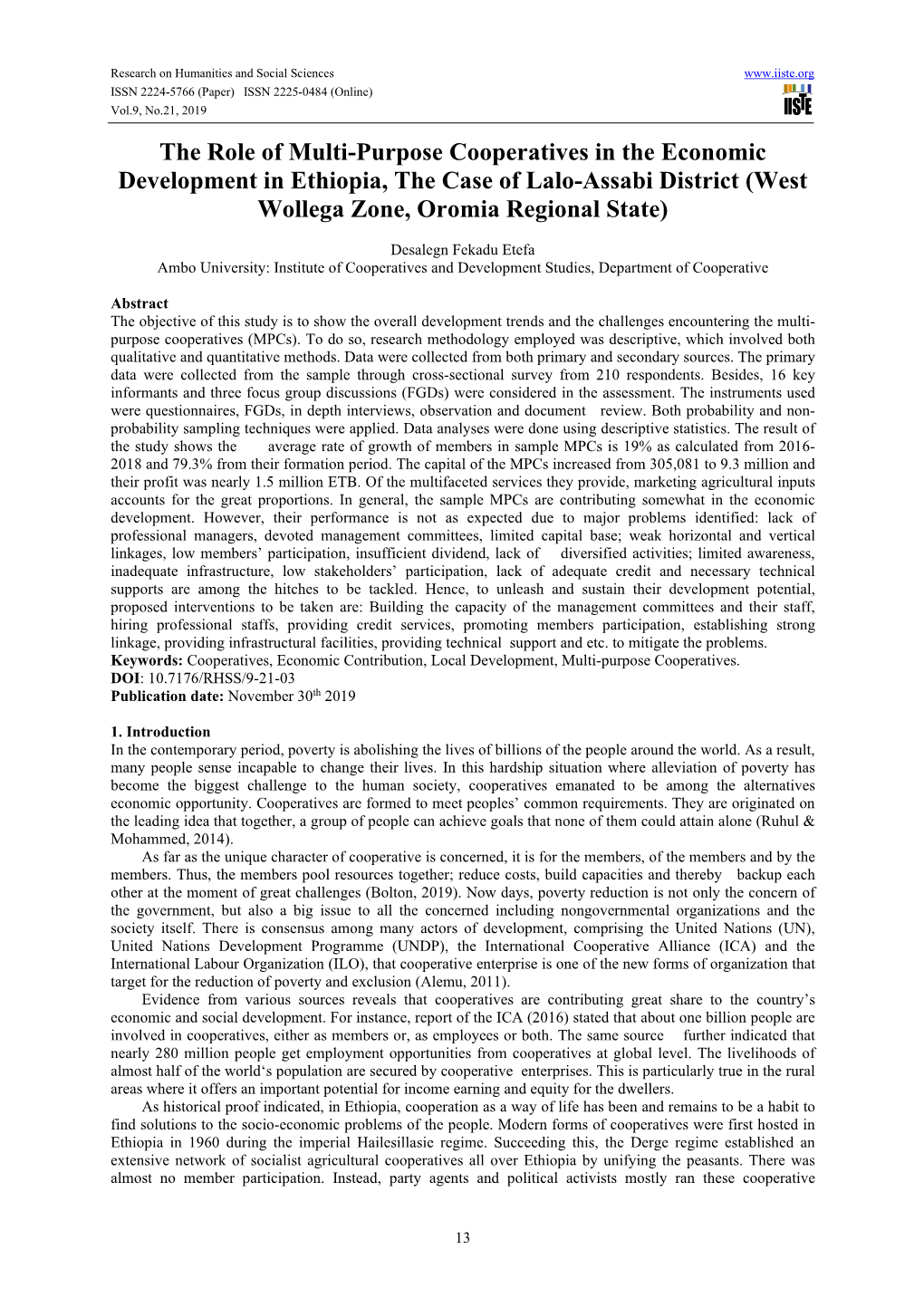 The Role of Multi-Purpose Cooperatives in the Economic Development in Ethiopia, the Case of Lalo-Assabi District (West Wollega Zone, Oromia Regional State)