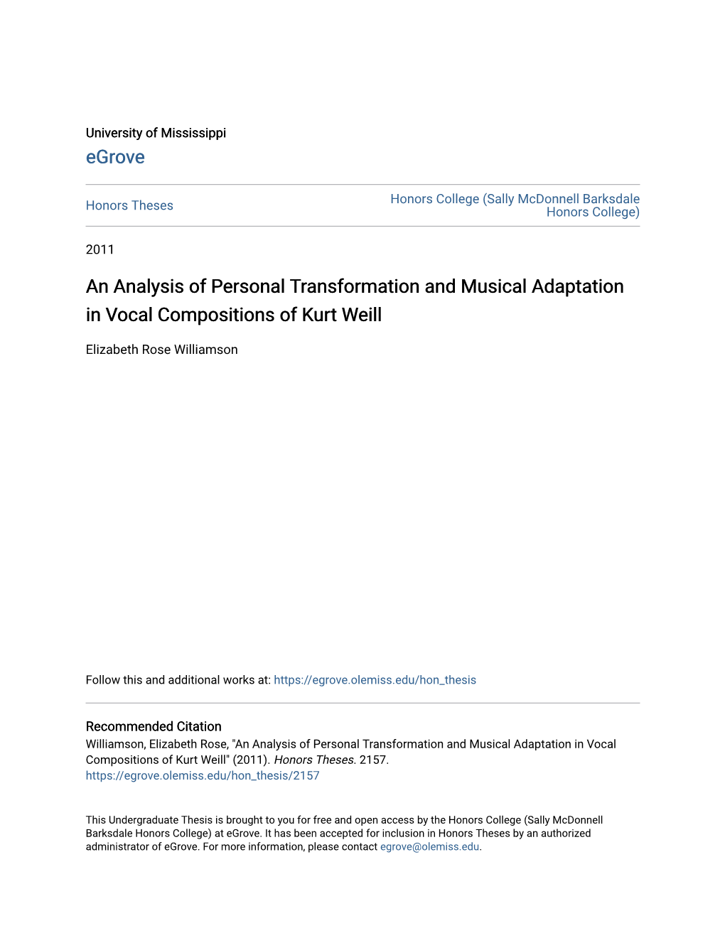 An Analysis of Personal Transformation and Musical Adaptation in Vocal Compositions of Kurt Weill