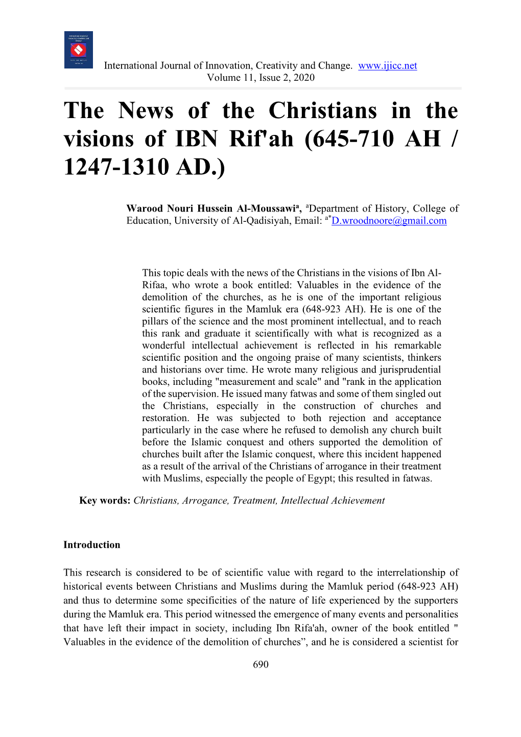 The News of the Christians in the Visions of IBN Rif'ah (645-710 AH / 1247-1310 AD.)