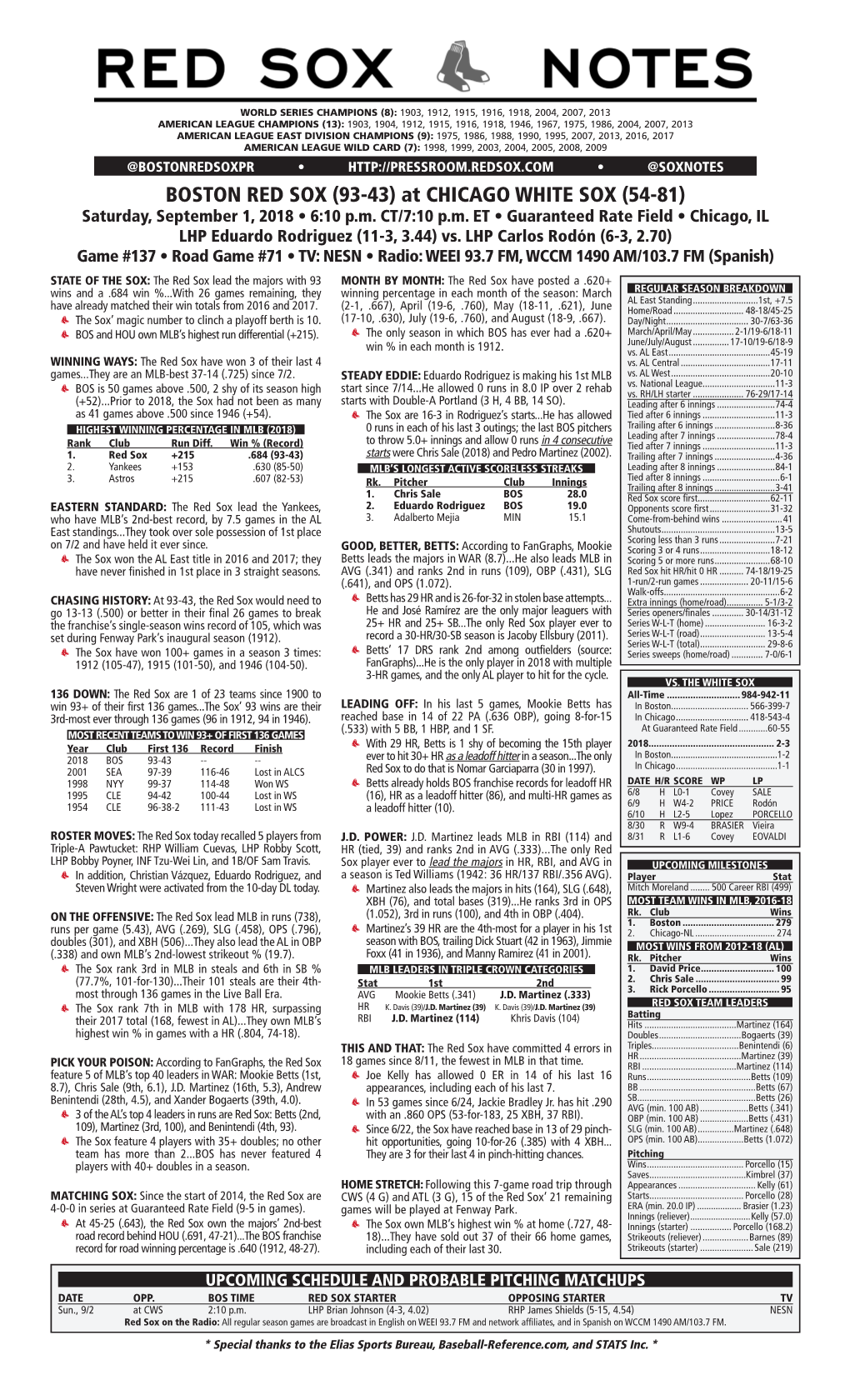 BOSTON RED SOX (93-43) at CHICAGO WHITE SOX (54-81) Saturday, September 1, 2018 • 6:10 P.M