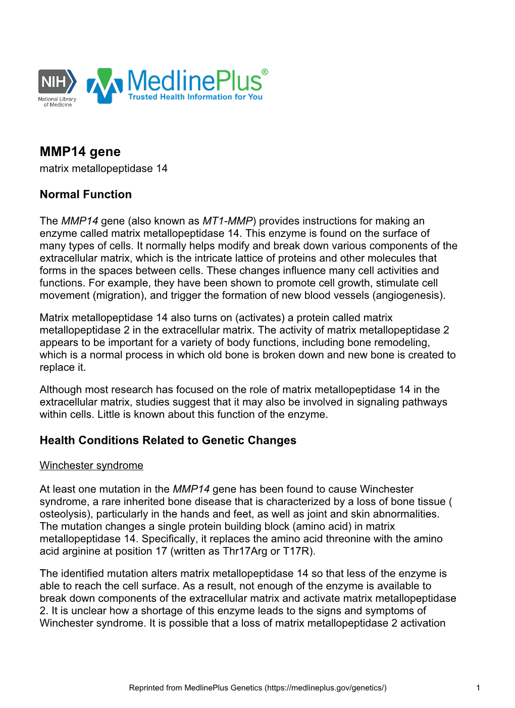 MMP14 Gene Matrix Metallopeptidase 14
