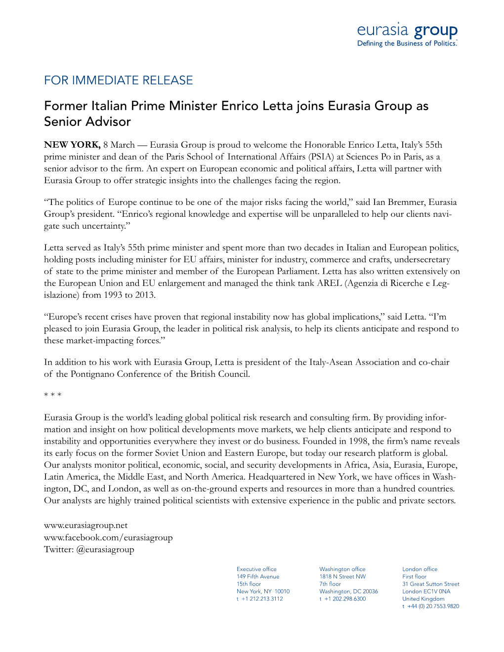 Former Italian Prime Minister Enrico Letta Joins Eurasia Group As Senior Advisor