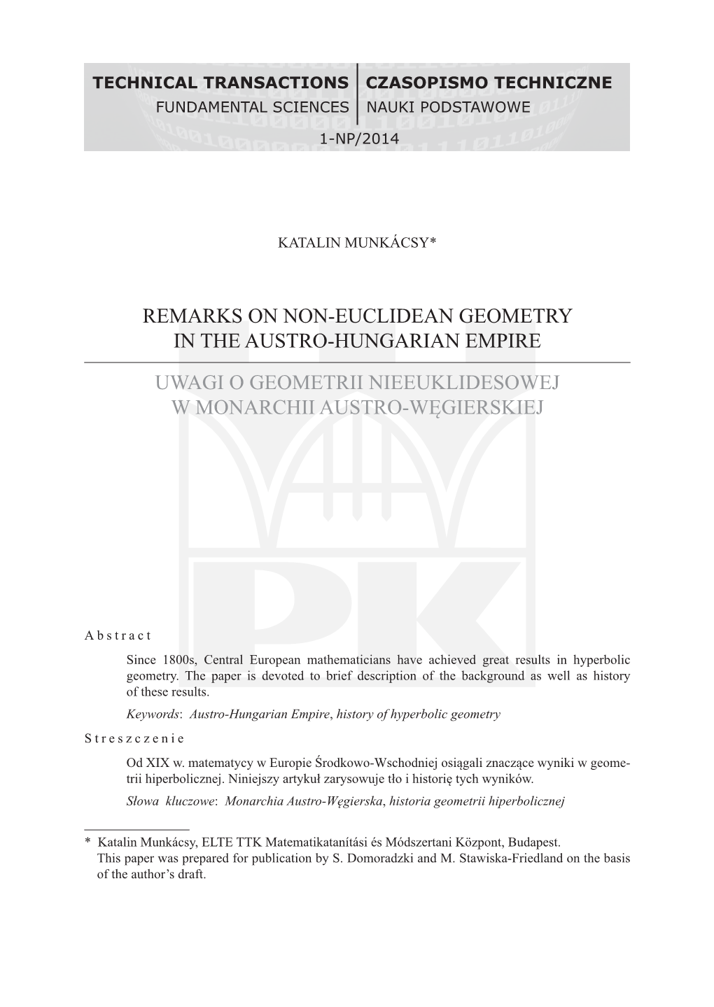 Remarks on Non-Euclidean Geometry in the Austro-Hungarian Empire Uwagi O Geometrii Nieeuklidesowej W Monarchii Austro-Węgiersk