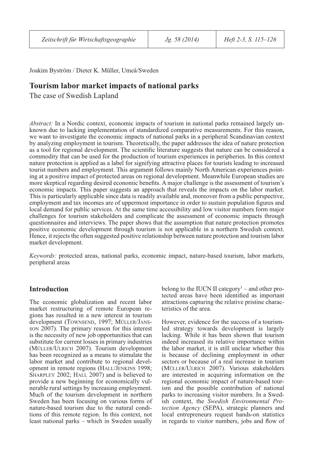 Tourism Labor Market Impacts of National Parks 115 Zeitschrift Für Wirtschaftsgeographie Jg