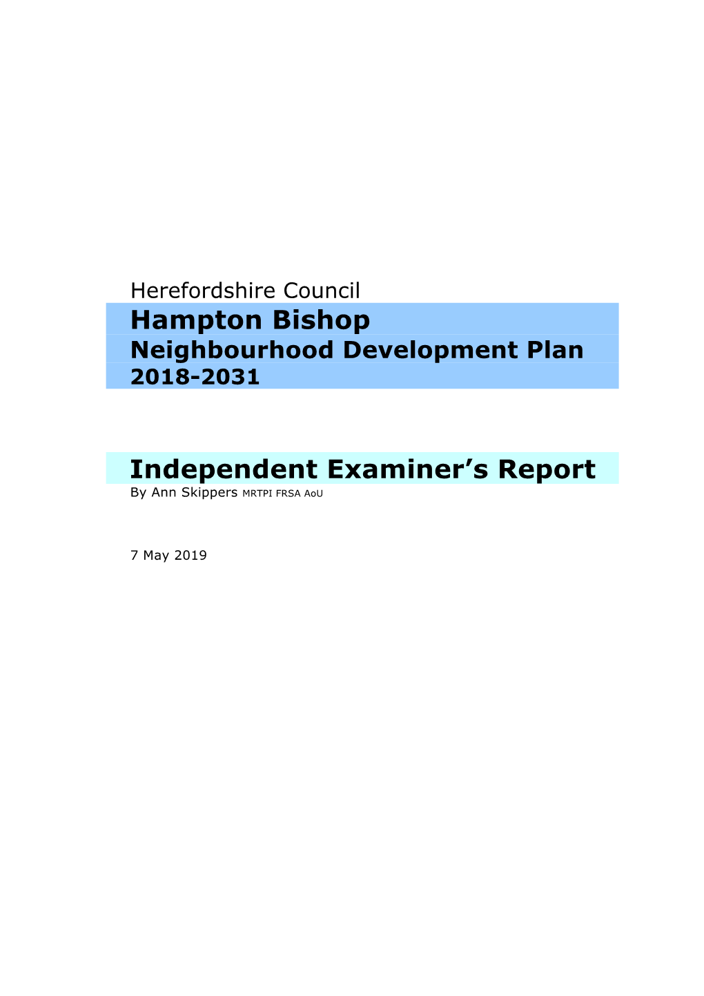 Hampton Bishop Examiners Report