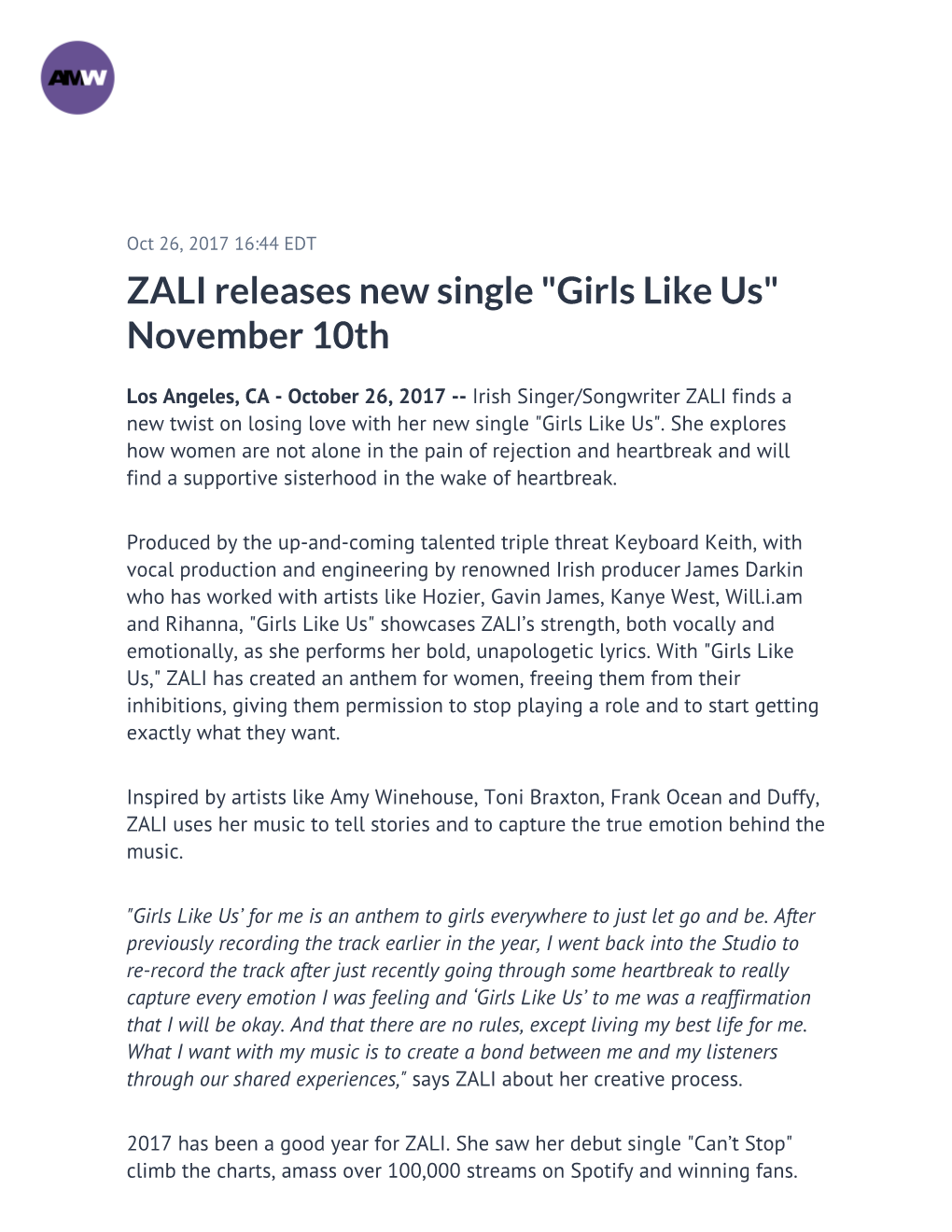 ZALI Releases New Single 