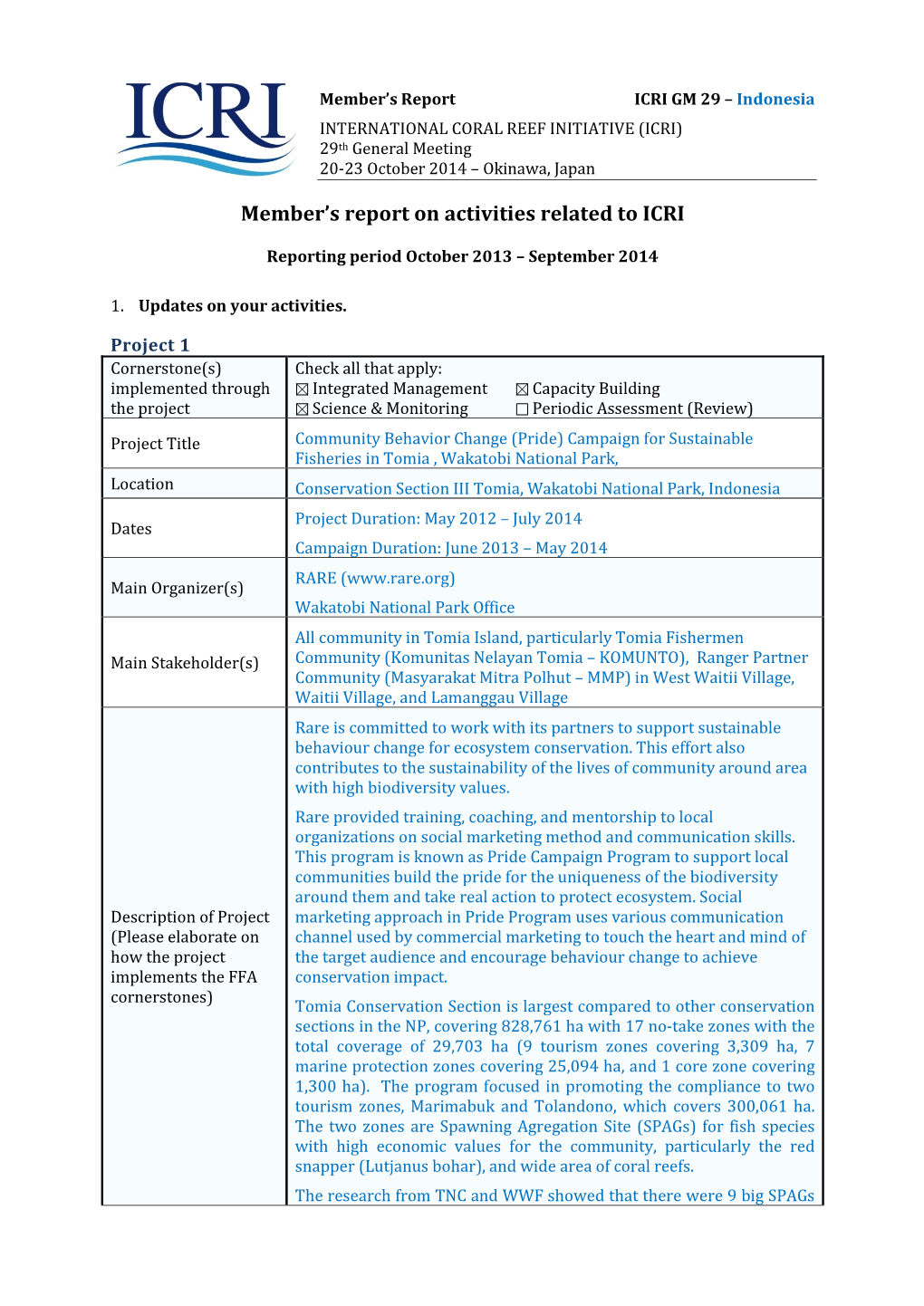 Member's Report on Activities Related to ICRI