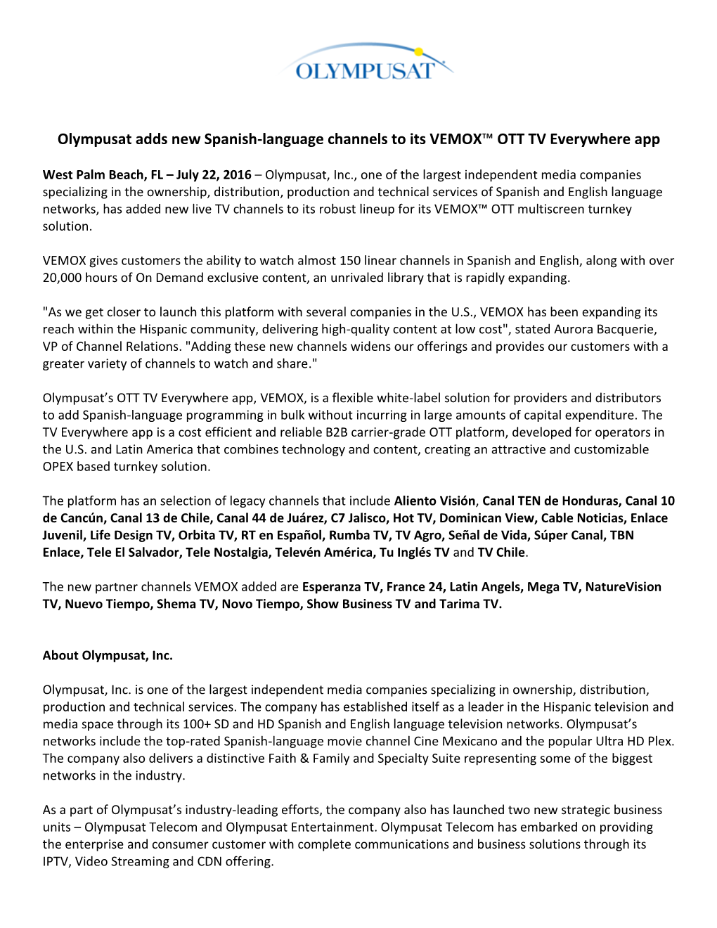 Olympusat Adds New Spanish-Language Channels to Its VEMOX™ OTT TV Everywhere App