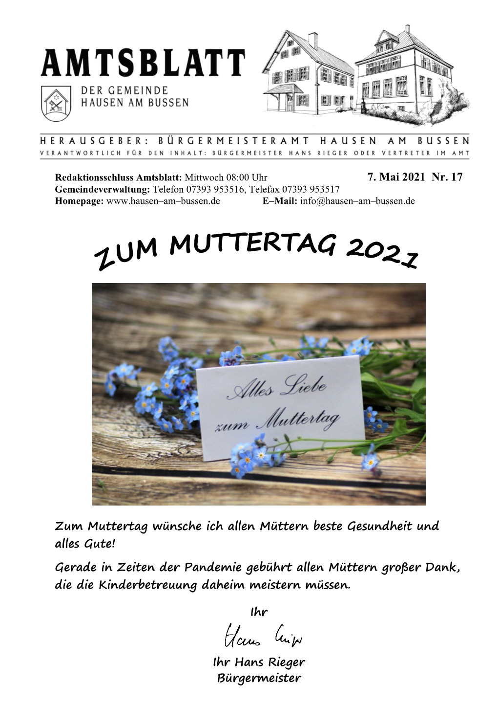 7. Mai 2021 Nr. 17 Zum Muttertag Wünsche Ich Allen Müttern Beste Gesundheit Und Alles Gute!