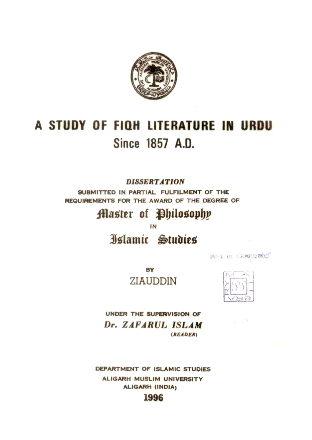 A STUDY of FIQH LITERATURE in URDU Since 1857 AD