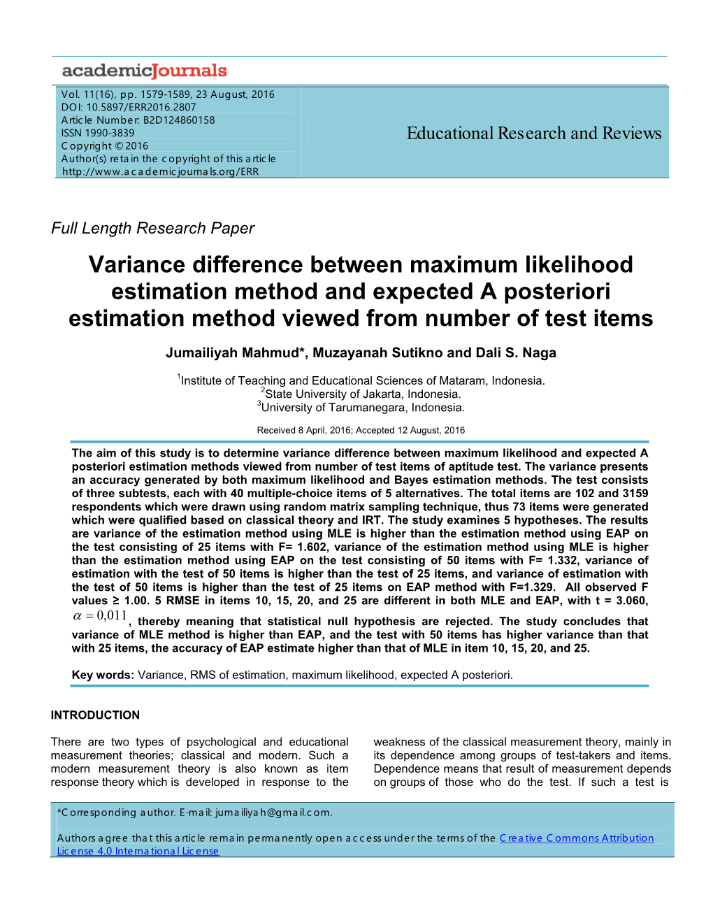 Variance Difference Between Maximum Likelihood Estimation Method and Expected a Posteriori Estimation Method Viewed from Number of Test Items