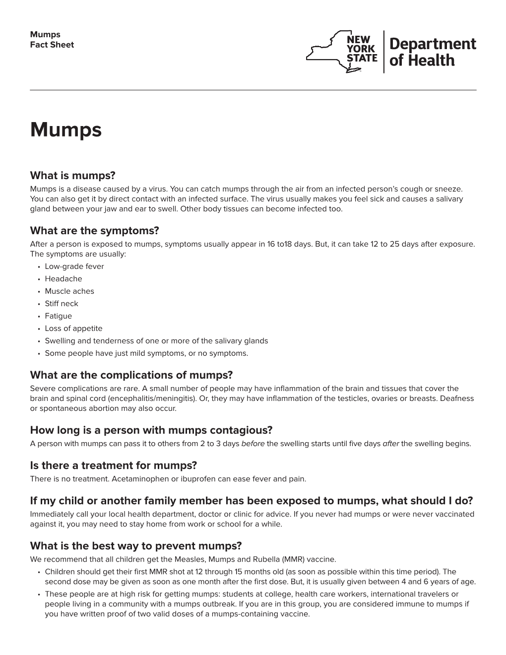 Mumps Fact Sheet Department of Health