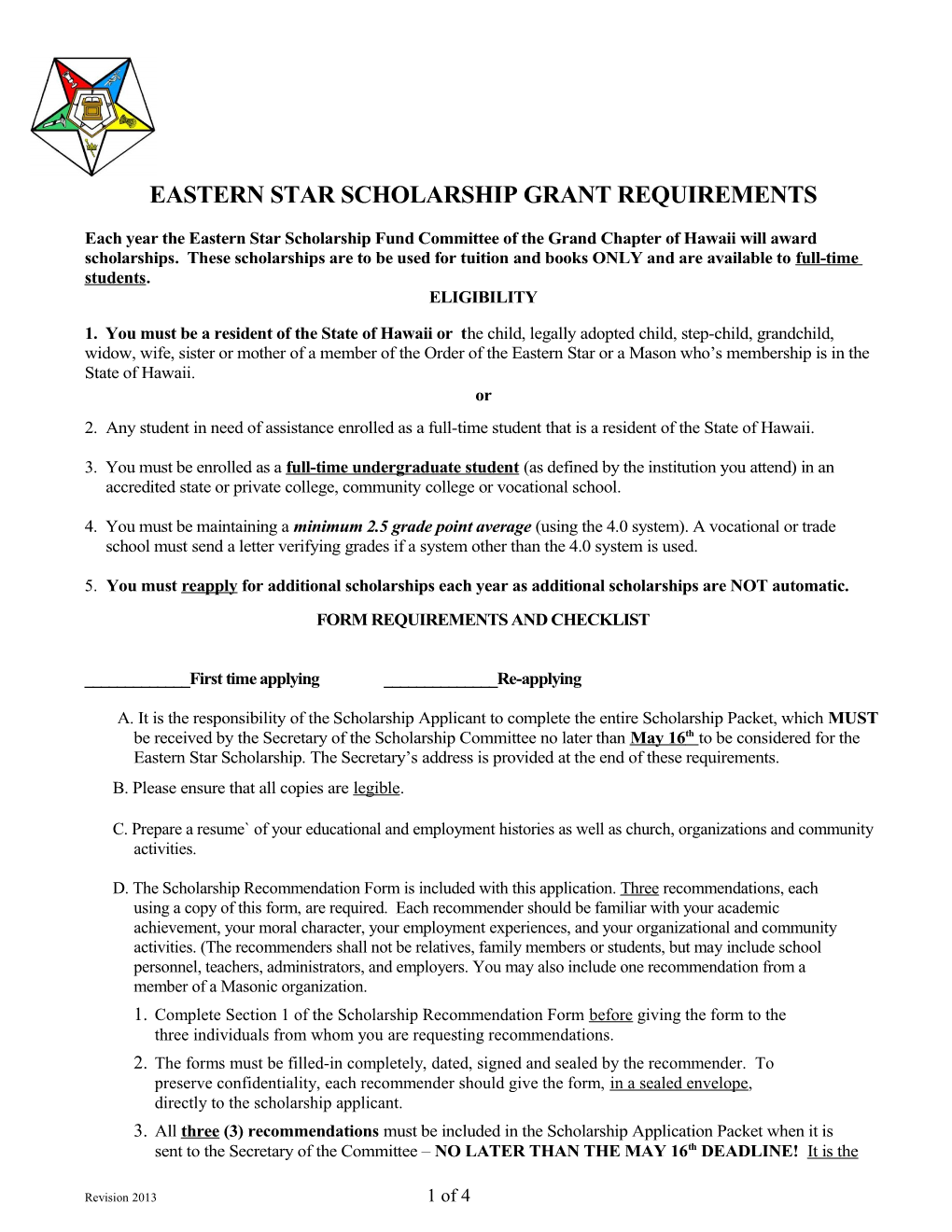 Eastern Star Scholarship Grant Requirements