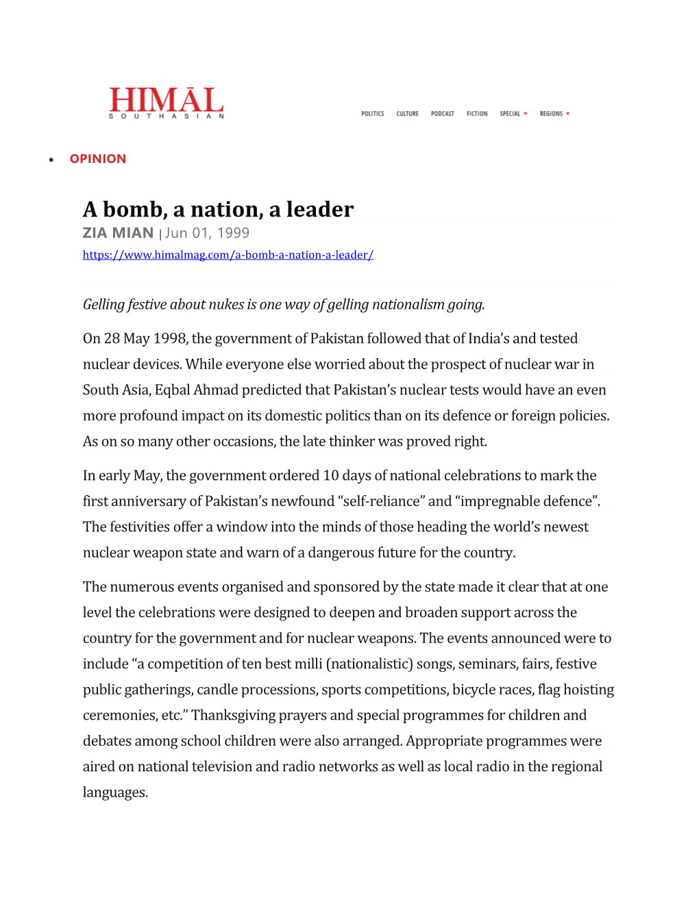 A Bomb, a Nation, a Leader ZIA MIAN | Jun 01, 1999