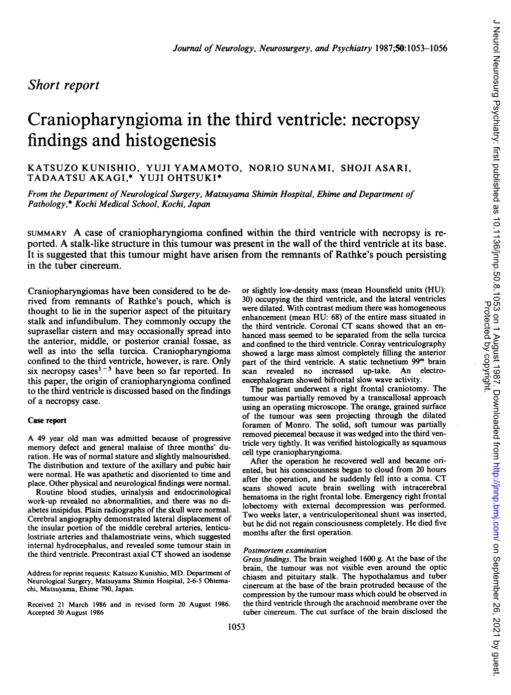 Craniopharyngioma in the Third Ventricle: Necropsy Findings and Histogenesis