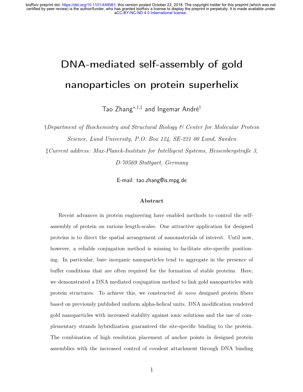 DNA-Mediated Self-Assembly of Gold Nanoparticles on Protein Superhelix