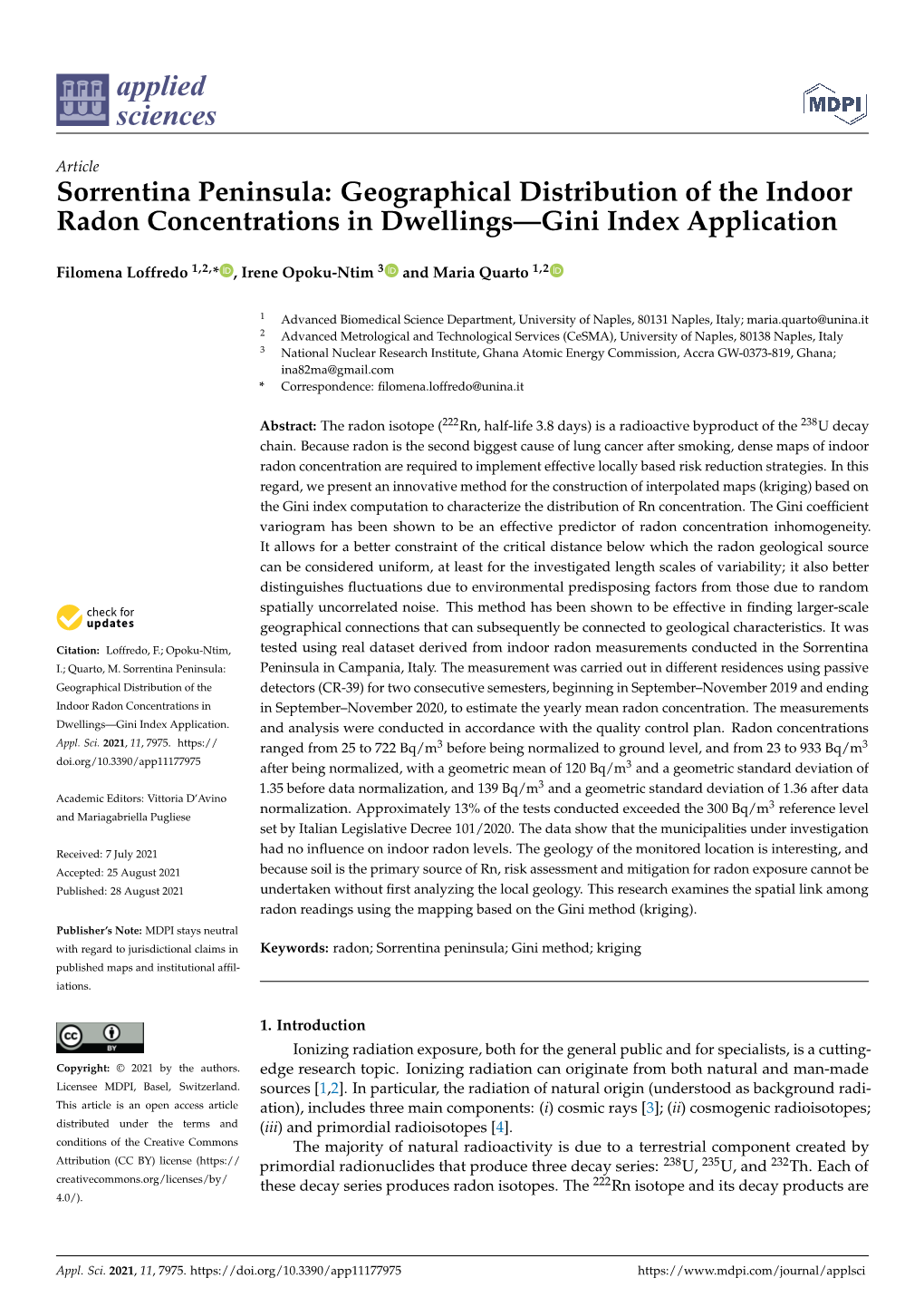 Sorrentina Peninsula: Geographical Distribution of the Indoor Radon Concentrations in Dwellings—Gini Index Application