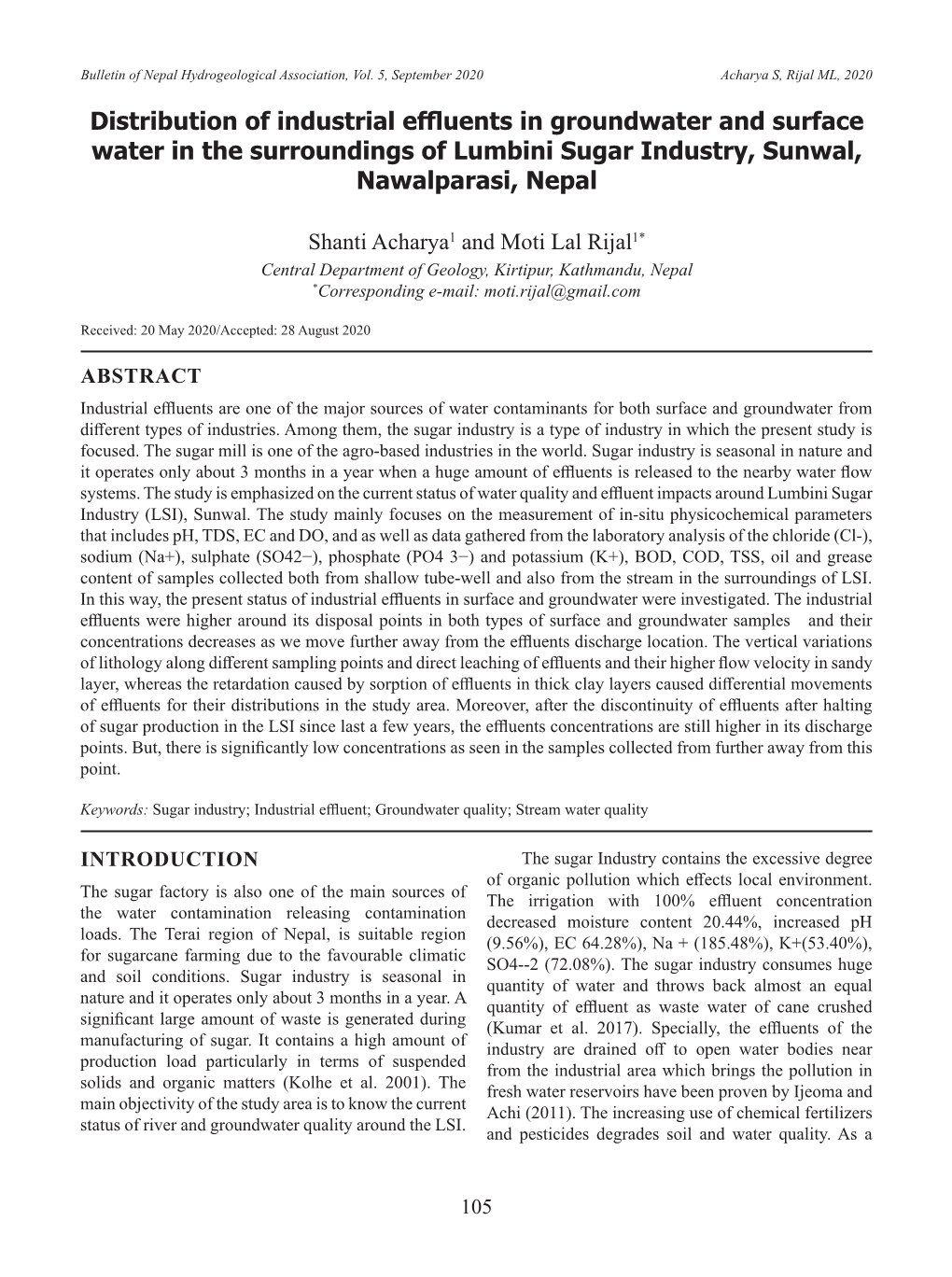 Distribution of Industrial Effluents in Groundwater and Surface Water in the Surroundings of Lumbini Sugar Industry, Sunwal, Nawalparasi, Nepal