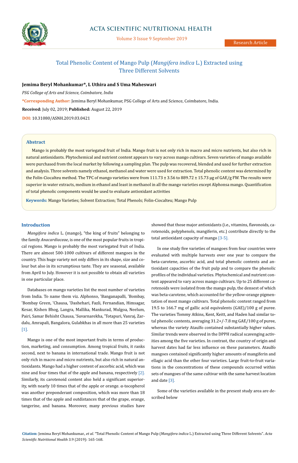 Total Phenolic Content of Mango Pulp (Mangifera Indica L.) Extracted Using Three Different Solvents