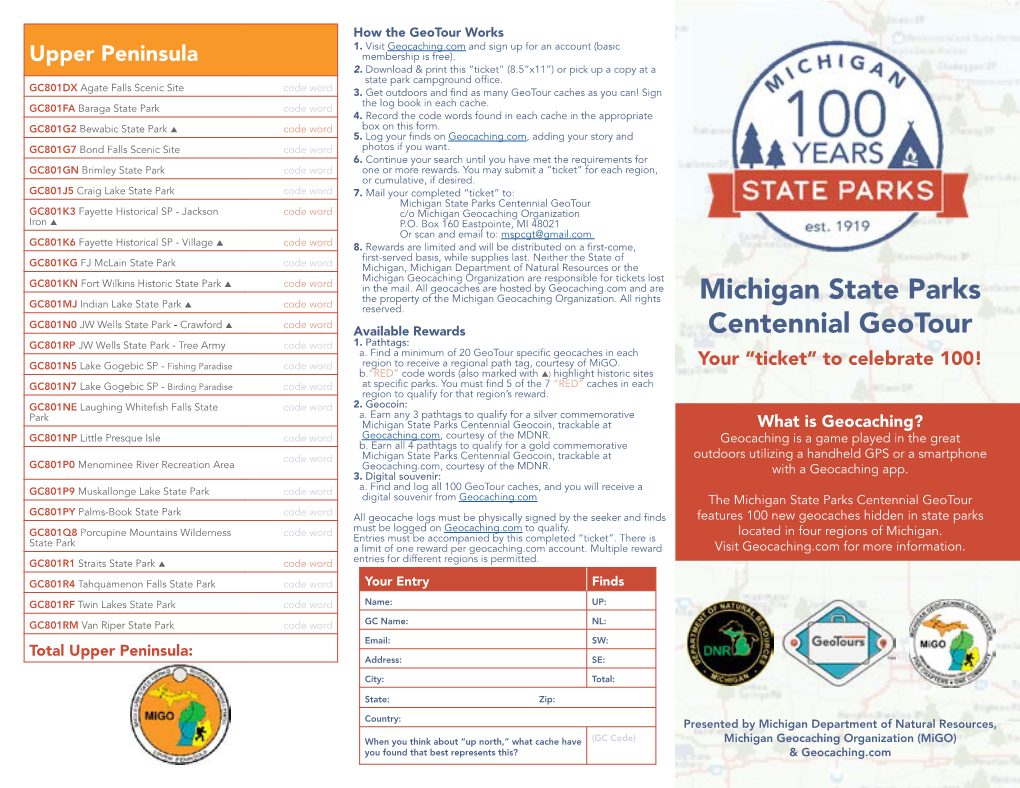 Michigan State Parks Centennial Geotour Ticket