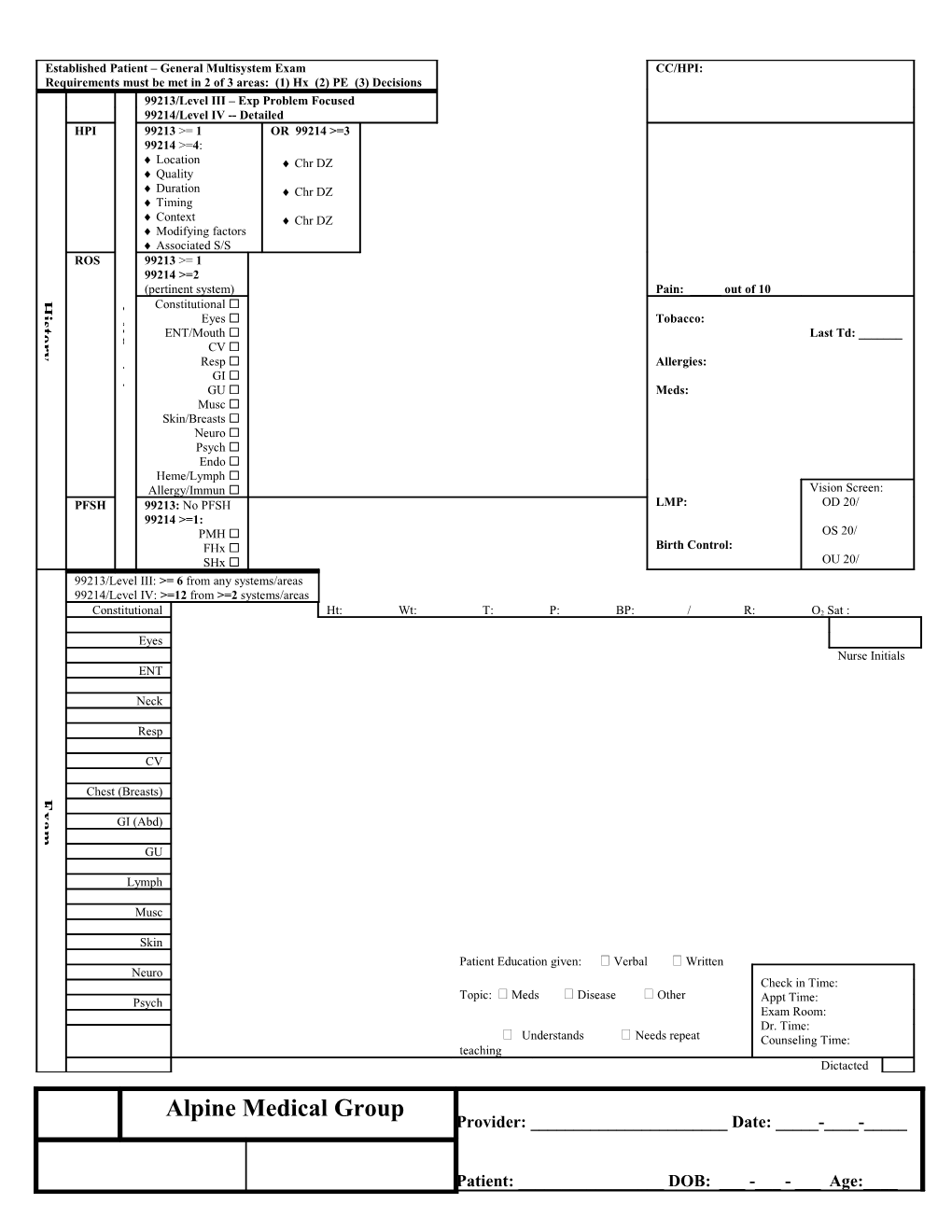 Established Patient General Multisystem Exam