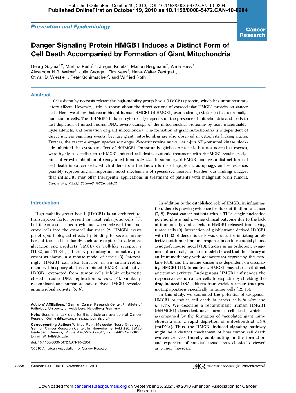 Danger Signaling Protein HMGB1 Induces a Distinct Form of Cell Death Accompanied by Formation of Giant Mitochondria