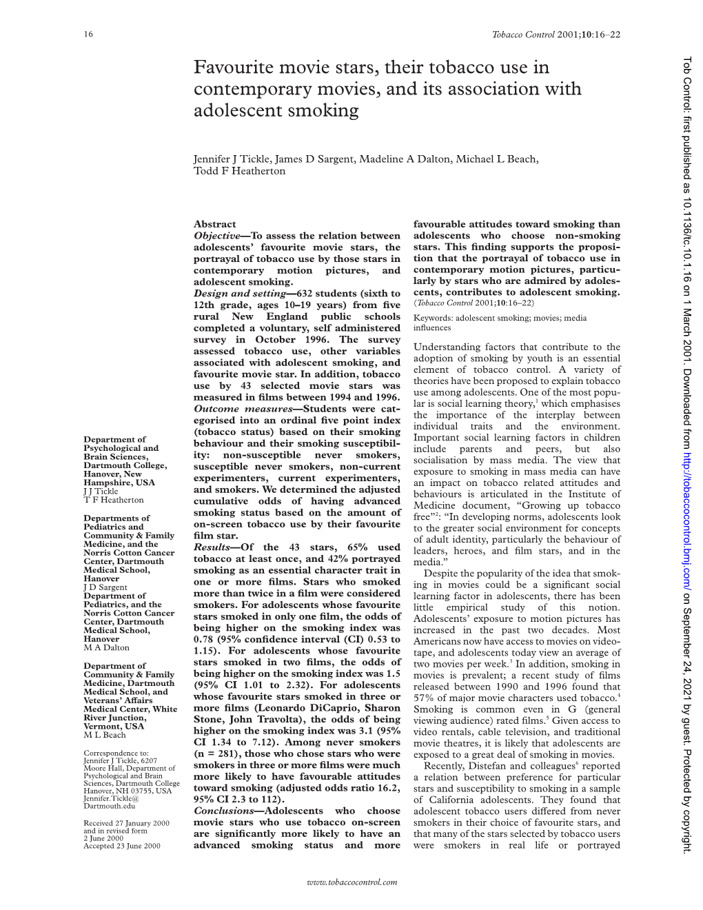 Favourite Movie Stars, Their Tobacco Use in Contemporary Movies, and Its Association with Adolescent Smoking