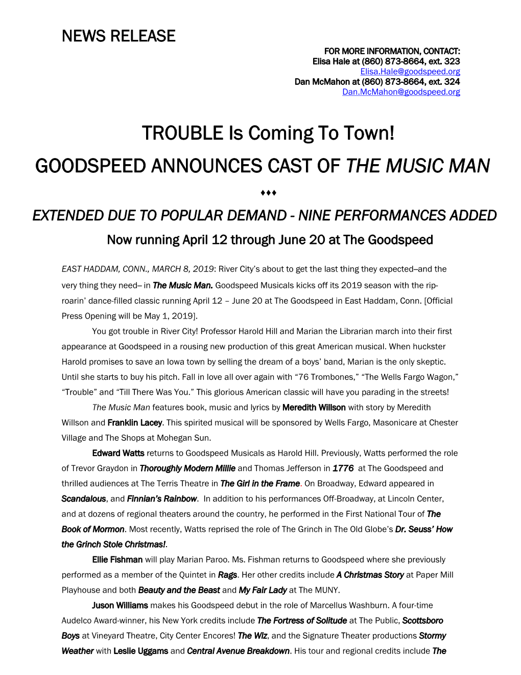 Goodspeed Announces Cast of the Music Man