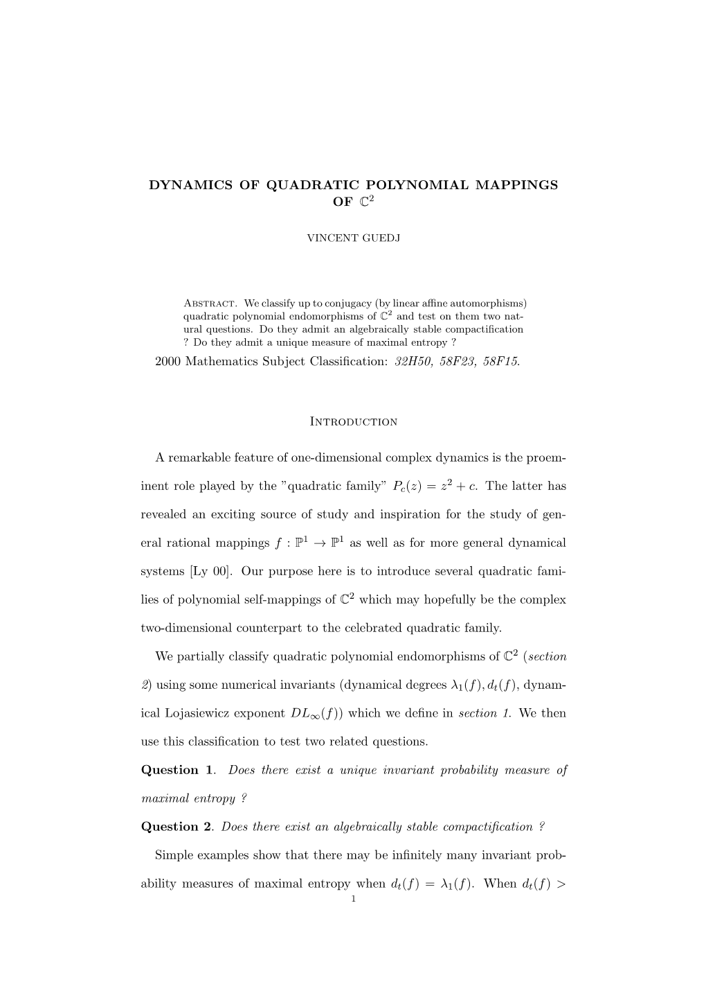 Dynamics of Quadratic Polynomial Mappings of C2