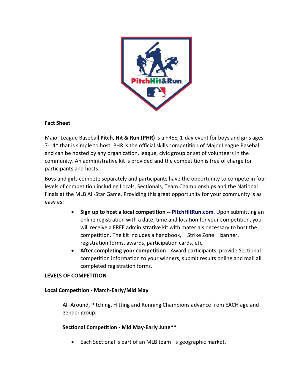 Fact Sheet Major League Baseball Pitch, Hit & Run (PHR) Is a FREE, 1