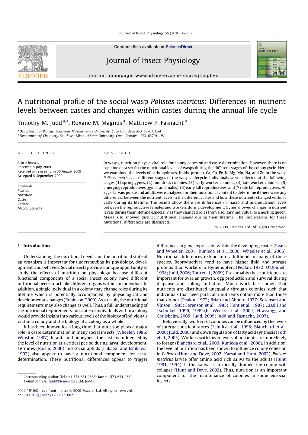 A Nutritional Profile of the Social Wasp Polistes Metricus