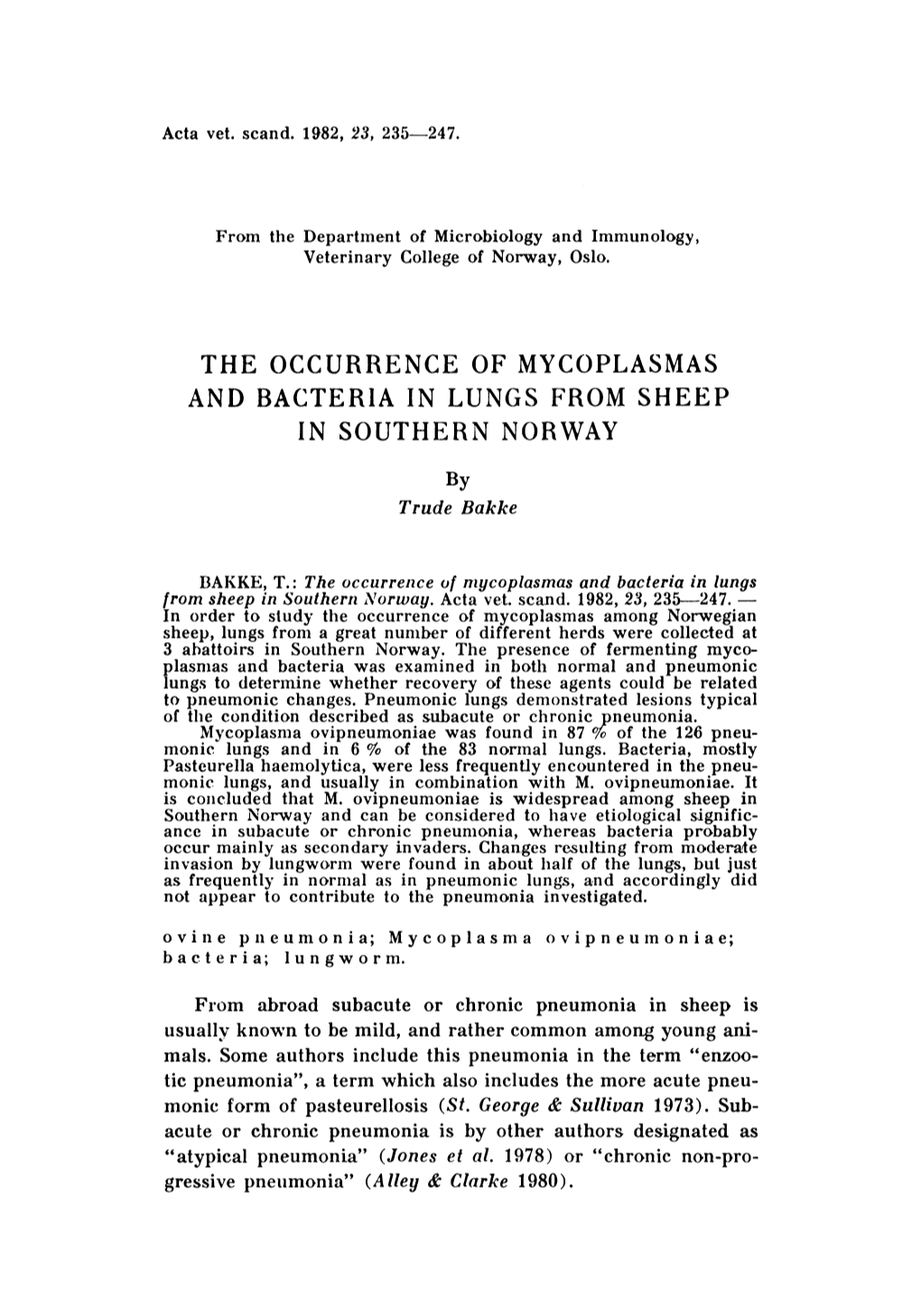 The Occurrence of Mycoplasmas and Bacteria in Lungs from Sheep in Southern Norway