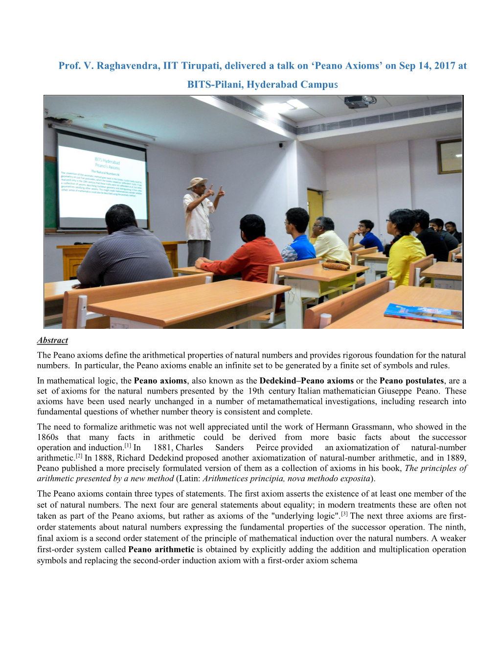 Prof. V. Raghavendra, IIT Tirupati, Delivered a Talk on 'Peano Axioms'