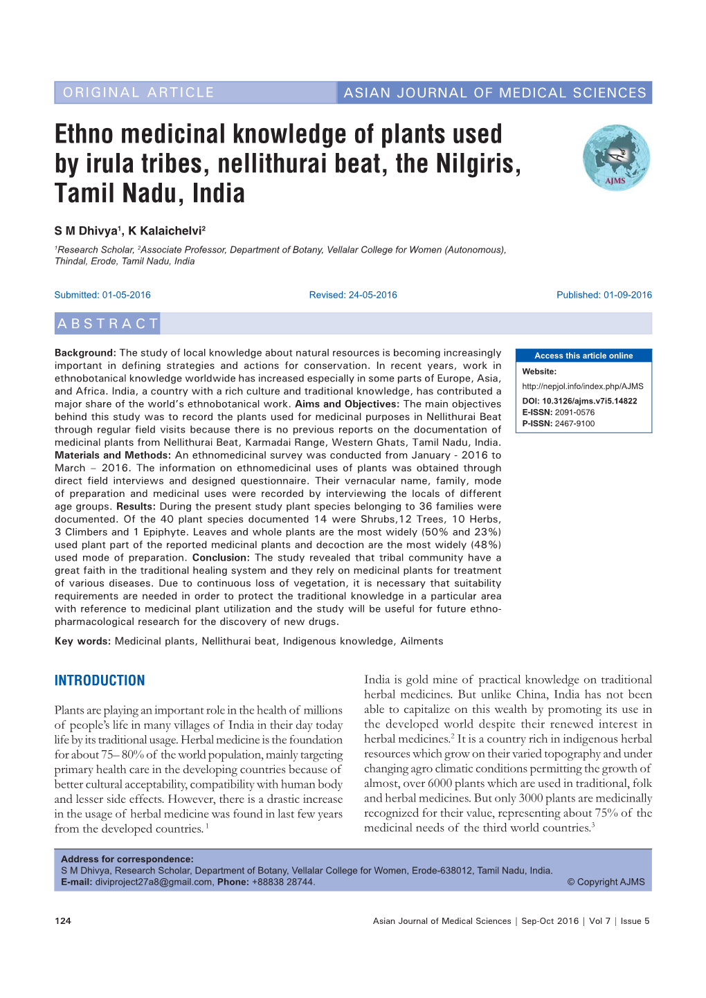 Ethno Medicinal Knowledge of Plants Used by Irula Tribes, Nellithurai Beat, the Nilgiris, Tamil Nadu, India