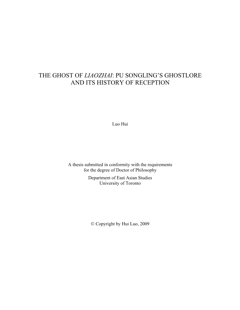 The Ghost of Liaozhai: Pu Songling's Ghostlore and Its History of Reception