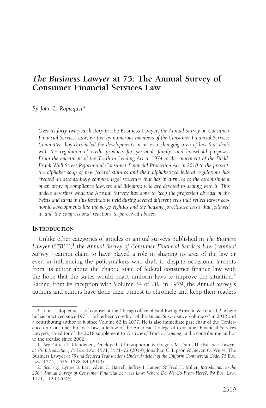 The Annual Survey of Consumer Financial Services Law