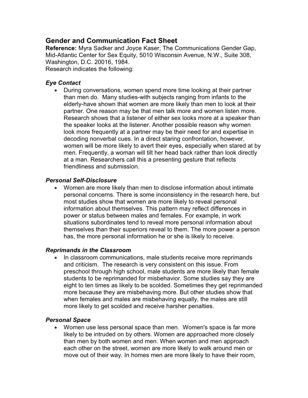 Gender and Communication Fact Sheet