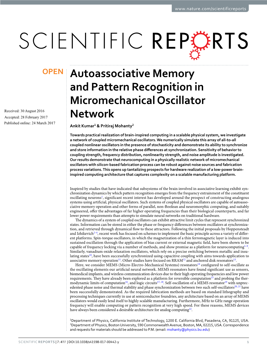 Autoassociative Memory and Pattern Recognition in Micromechanical