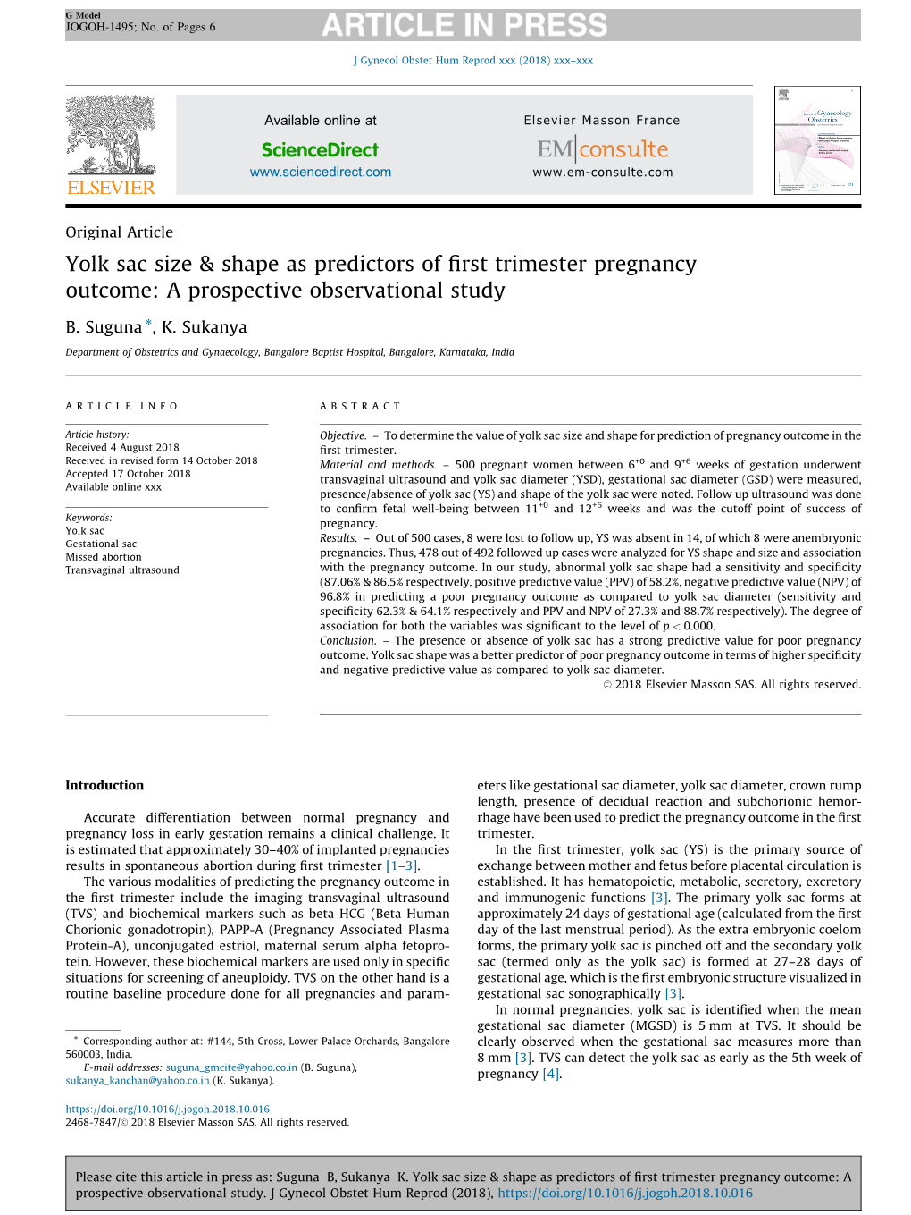 Yolk Sac Size & Shape As Predictors of First Trimester Pregnancy Outcome: A