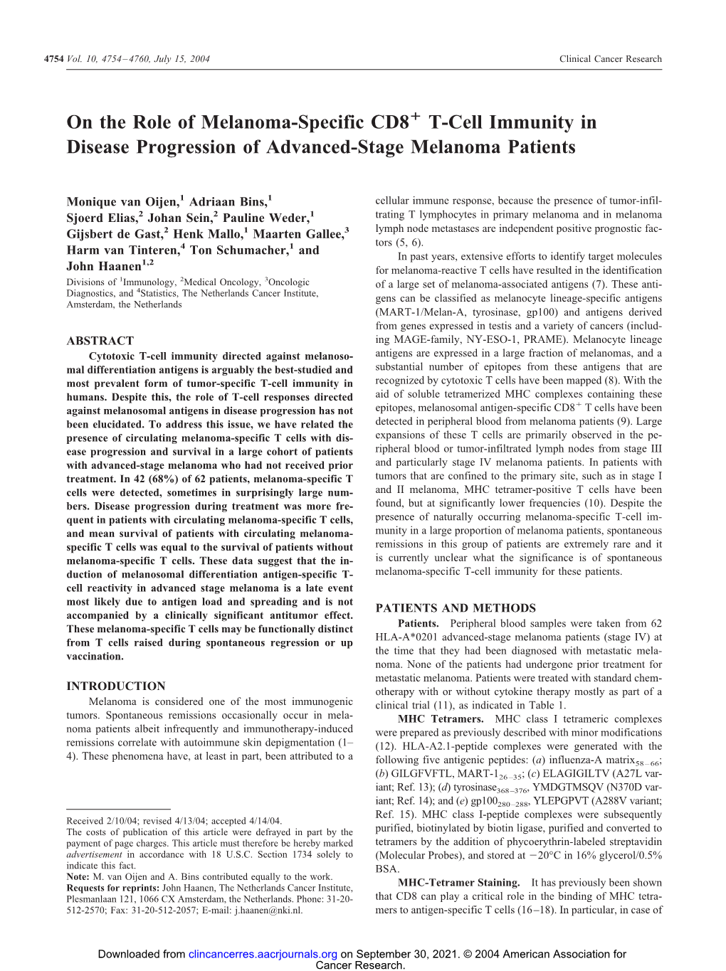 On the Role of Melanoma-Specific CD8 T-Cell Immunity in Disease