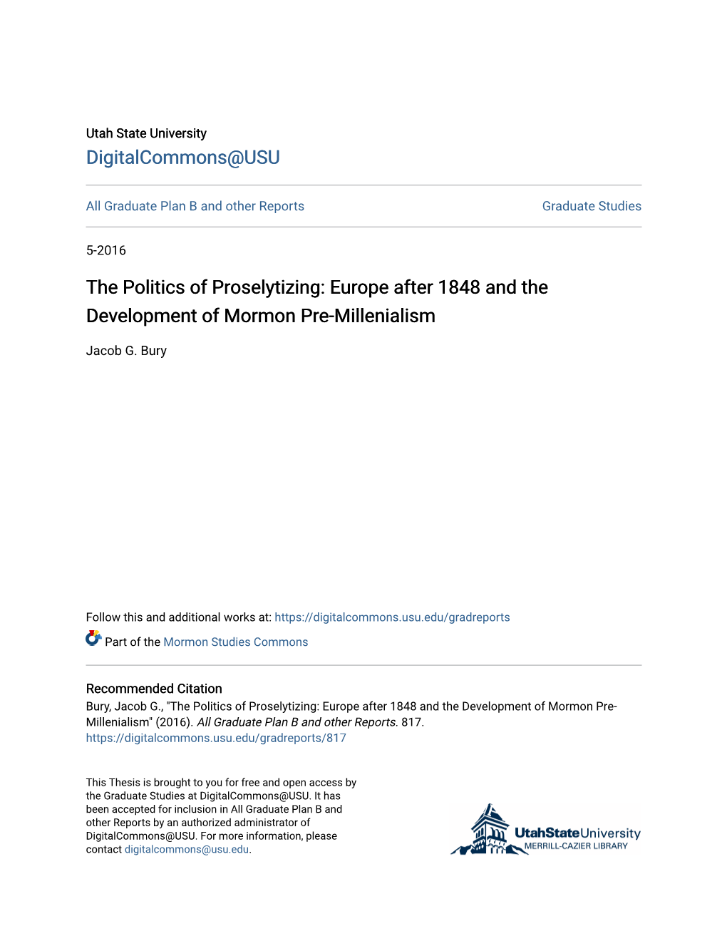 The Politics of Proselytizing: Europe After 1848 and the Development of Mormon Pre-Millenialism